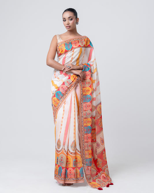Off White & Orange Semi Muslin Saree (SS11)