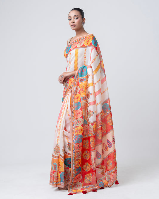 Off White & Orange Semi Muslin Saree (SS11)