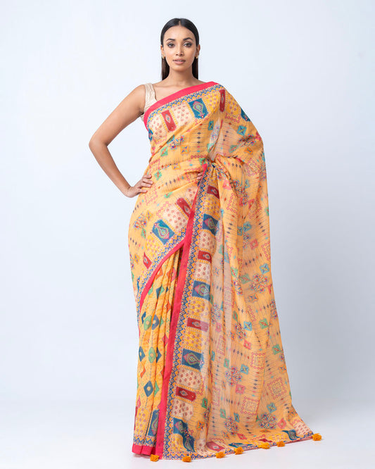 Mustard Yellow Semi Muslin Saree (PS10)