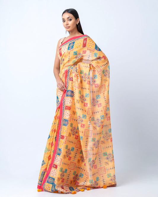 Mustard Yellow Semi Muslin Saree (PS10)