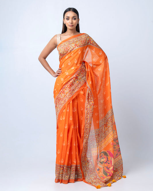 Bright Orange Semi Muslin Saree (PS13)