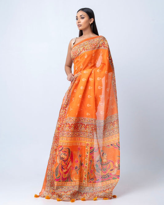 Bright Orange Semi Muslin Saree (PS13)